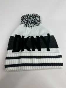 DKNY Sport Designer beanie knit white black pom pom one size fits most - Foto 1 di 5