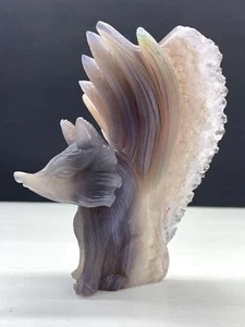 4.33" Natural Agate Geode Hand Carved Nine-tailed Fox Quartz Crystal Decor - Picture 1 of 8