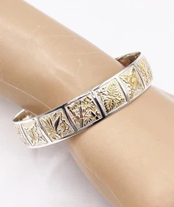Vintage Sterling Silver & Gold Vermeil Panel Bangle Bracelet 925 Floral Motif - Picture 1 of 7