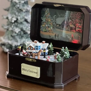 Weihnachtsspieluhr leuchtet spielt 4 Lieder Weihnachtsmann Schlittenhaus 5" Vintage Stil - Bild 1 von 24