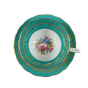 Taza de té y platillo Grosvenor Bone China floral con banda verde azulado y dorado - Imagen 1 de 9