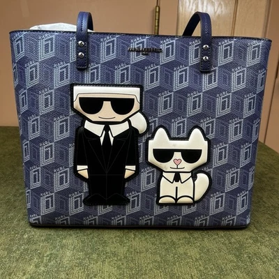 Karl Lagerfeld Paris Choupette Cat Maybelle Tote Bag Purse Blue Geometric NWT - Image 1 of 4