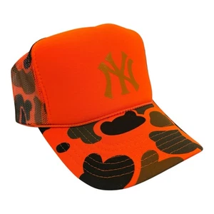 NEW YORK YANKEES ORANGE CAMO CAP HAT 5 PANEL HIGH CROWN TRUCKER SNAPBACK - Picture 1 of 3