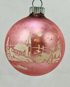 Vintage Shiny Brite Pink Silent Night Church Stencil Glass Christmas Ornament - Picture 1 of 6