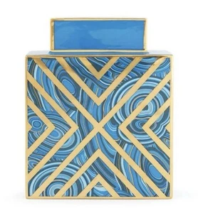 Retired and Rare Jonathan Adler Blue Malachite and Gold Square Ceramic Vase - Picture 1 of 17