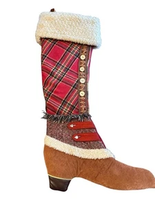 Country Red Plaid Boot Stocking 26” Christmas Felt Fleece Cuff Buttons - Picture 1 of 8