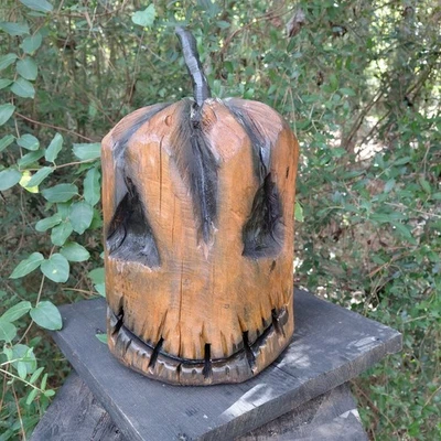 Chainsaw Carving Jack O Lantern Pumpkin 9" Folk Art Halloween Pumpkin Handmade  - Image 1 of 4