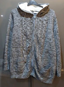 Cotton Traders Cardigan Pale Blue / Brown Mix Zip Closure Faux Fur Hood Size 24 - Picture 1 of 13