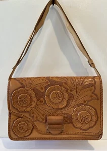 Bolso de Mano de Cuero Años 70 Vintage Marrón Tooled Tallado Floral Hippie Western BoHo - Imagen 1 de 24
