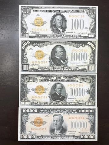 Reproduction Set 1934 Gold Certificates $100, $1000,$10,000, $100,000 High Denom Cover
