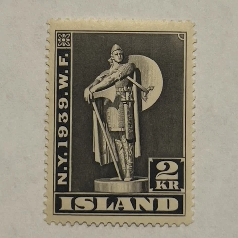 1939 ICELAND 2 KRONA MINT MH STAMP #216 WORLD'S FAIR NEW YORK, SIGNED ON BACK Cover