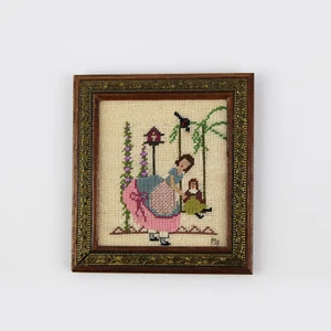 1970s Martha Farnsworth Miniature Victorian Girl & Doll Petit Point Wall Art - Picture 1 of 5