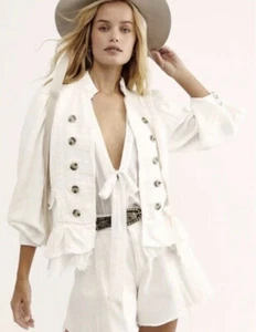 FREE PEOPLE Ariana Ivory Ruffles Raw Hem Crochet Lace Trim Military Jacket S - Picture 1 of 24