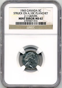 Mint Error: 1965 Canada 5 Cent Struck on 10 Cent Planchet - NGC MS62 - Picture 1 of 2