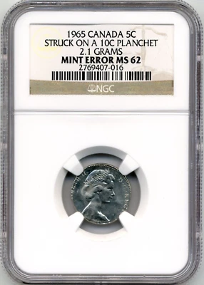 Mint Error: 1965 Canada 5 Cent Struck on 10 Cent Planchet - NGC MS62 - Image 1 of 2