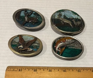4 DIFF 1980s VTG Belt Buckle LOT C&J Deer Eagle Mating Deer Bergamot Brown Trout - Picture 1 of 11