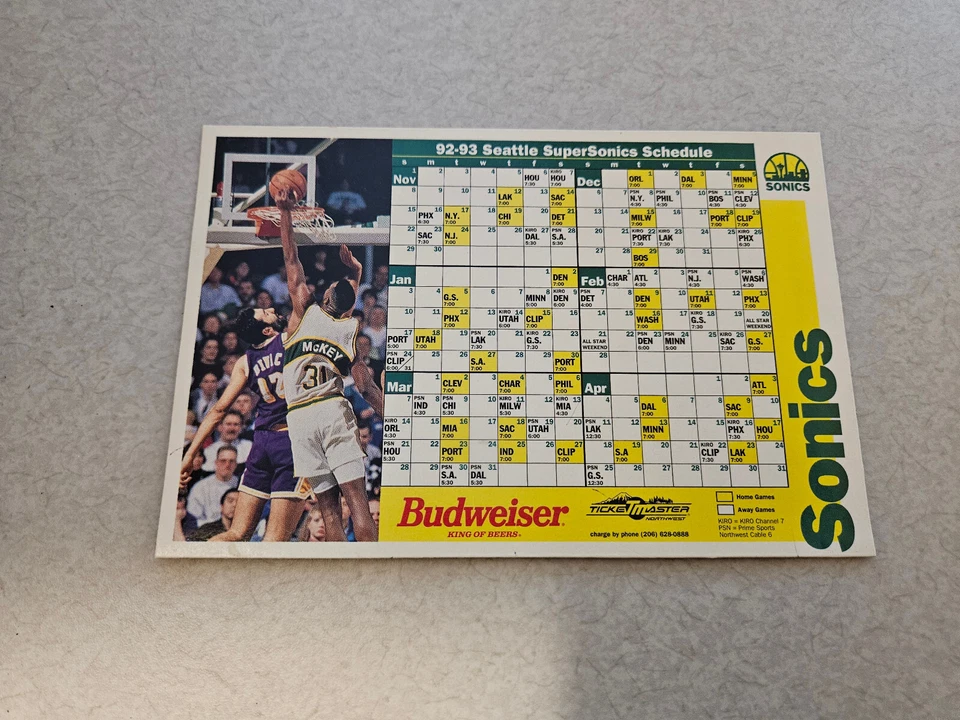 RS20 Seattle Sonics 1992/93 NBA Basketball Magnet Schedule - Budweiser - Image 1 of 1