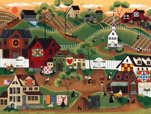 Amish FoLk ArT OrIgInAl PrInT Quilts Horse Dogs Church Barns Kites Bicycle Sun - Picture 1 of 3