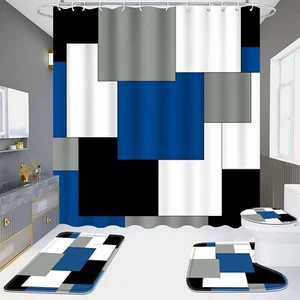 Juego de 4 cortinas de ducha a rayas azules y negras,de baño de color gris blanc - Picture 1 of 21