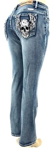 PLATINUM PLUSH LADIES SKULL & WINGS RHINESTONE DENIM BOOT CUT JEANS STYLE #4050 - Picture 1 of 6