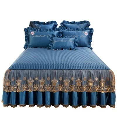 Luxury Solid Lace Quilted Bedspread Queen King Size Bed Skirt Pillow Shams 3pcs - Image 1 of 4