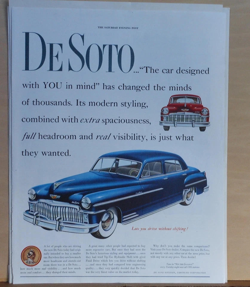 Anuncio de revista 1949 para DeSoto - azul personalizado, estilo moderno, amplitud Foto 1 de 1