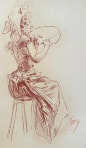 C10/52-DESSIN ORIGINAL-SANGUINE-SIGNÉ-JULES CHÉRET-PEINTRE-[ÉLÉGANTE]-1906 - Imagen 1 de 2