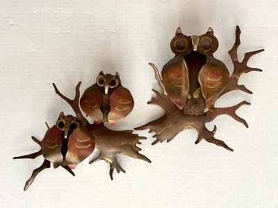 Arte de pared de búho brutalista vintage colgante escultura de latón MCM juego de 2 metal cobre Foto 1 de 4