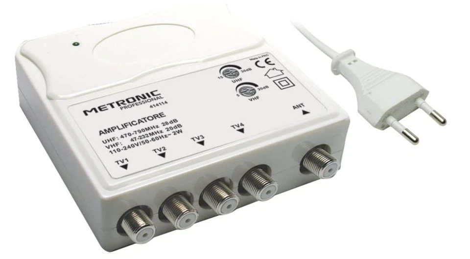 Metronic – 414114 TV-Verstärker, DVB-T2, LTE-Filter, 1 Eingang, 4 Ausgänge, Weiß - Bild 1 von 1