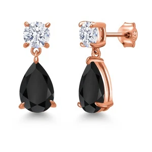18K Rose Gold Plated Silver Onyx and Zirconia Teardrop Dangle Drop Earrings For - Picture 1 of 4