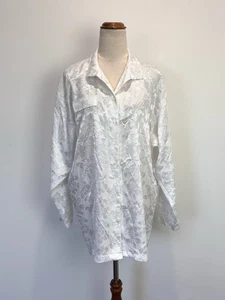 Table Eight Womens Top 10 M White Shimmer Floral Button Up Long Sleeve Retro 80s - Bild 1 von 10