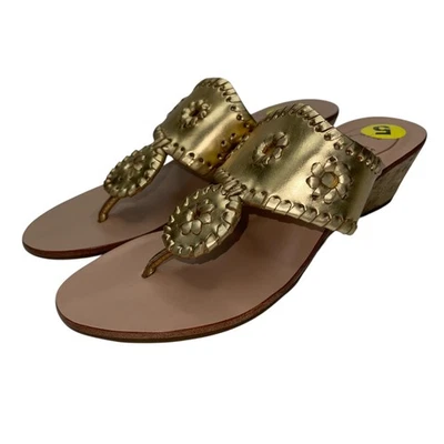 Jack Rogers Zapatos Mujer Talla 5 Cuero Dorado Jacks Corcho Cuña Sandalias Tanga Foto 1 de 4