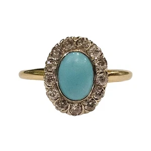 Anello antico aureola in oro 10 kt con turchese persiano e diamanti - Foto 1 di 6