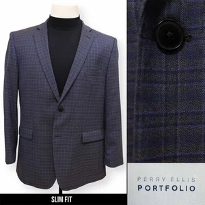 PERRY ELLIS mens blue purple PLAID sport coat suit jacket blazer SLIM FIT 44 R - Picture 1 of 14