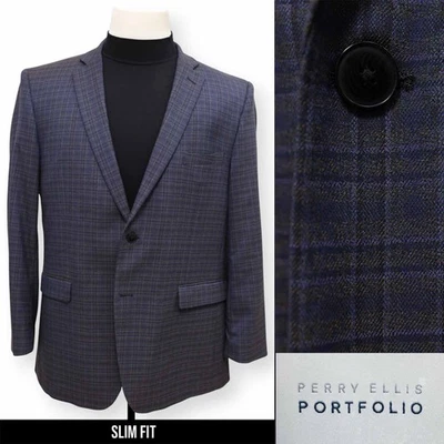 PERRY ELLIS mens blue purple PLAID sport coat suit jacket blazer SLIM FIT 44 R - Image 1 of 4
