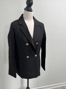Black Double Breasted Blazer Jacket Gold Button Size 12-14 - Picture 1 of 5