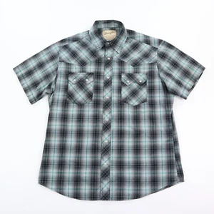 Wrangler Western Snap Shirt Men's Large Black Gray Green Plaid Short Sleeve - Picture 1 of 6