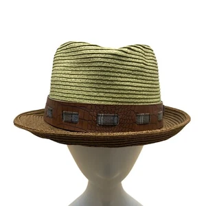 Stacy Adams Green & Brown Straw Fedora With Faux Croc Band Mens Hat - Picture 1 of 10
