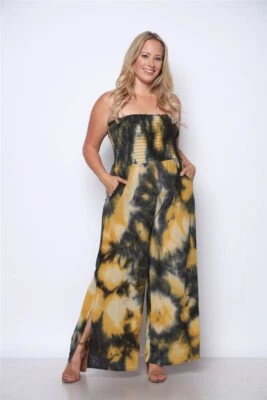 Womens Plus Size Tie Dye Jumpsuit 3XL Mustard Yellow Green Smocked Pockets  - Image 1 of 2