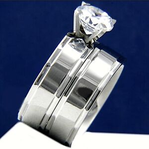 Engagement Ring New Womens 2.04 CT CZ Solitaire Wedding Band Stainless Steel Set