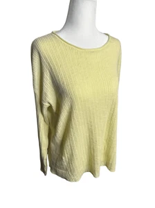 Eileen Fisher System Ribbed Slub Yellow Cotton & Linen Long Sleeve Top Medium - Picture 1 of 5