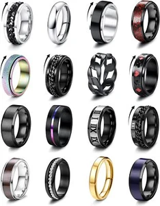 16Pcs Stainless Steel Fidget Rings for Men Stress Anxiety Relief Band Spinner - Picture 1 of 6