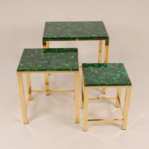 Vintage Malachite Marble Table Gold Gilded Brass Nesting tables 1970s set of 3 Cover