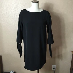 H&M Solid Little Black Dress Size 8 Tunic Shift 3/4 Length Tie End Bell Sleeves - Picture 1 of 8