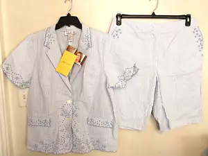 Susan Graver Set Womens P1X Plus Shorts Shirt Blouse Blue White Button Floral - Picture 1 of 8