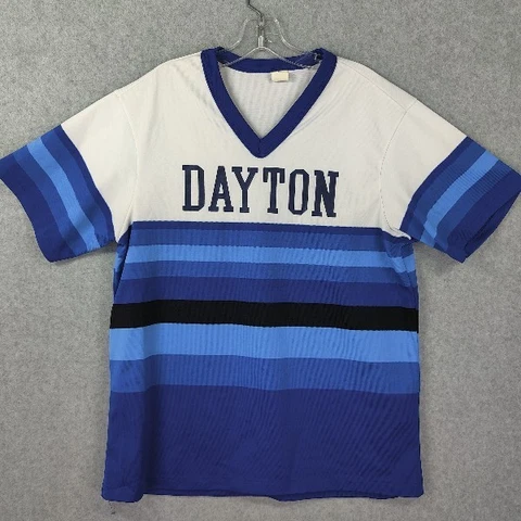 VTG Dayton Flyers Size Large (Womens?) Short Sleeve Blue Striped V-Neck Shirt Cover