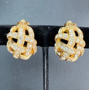 Vintage St. John Clip On Earrings Gold Tone with Ribbon Rhinestone Pattern - Picture 1 of 7