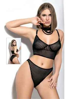 Sexy Conjunto de Tanga Bustier Para Mujer Negro Rayas Transparente Bustier Sexy Tanga Bustier Foto 1 de 4