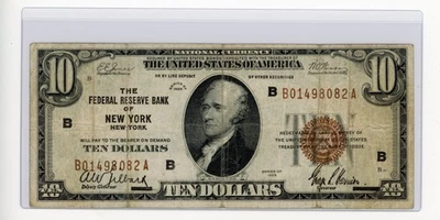 1929 $10 FEDERAL RESERVE BANK OF NEW YORK, NY BROWN SEAL VF - Image 1 of 2