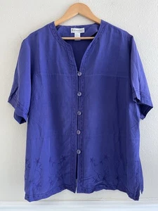 Dressbarn Vintage Embroidered Button Up Top Purple Size 20W Linen Blend Boho - Picture 1 of 8